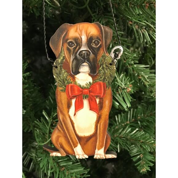 Boxer Dog Christmas Ornament Wreath Red Bow Wood Metal Hanger New - Picture 1 of 4